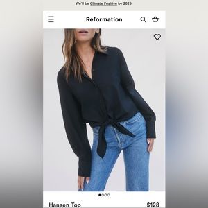 Reformation black tie front button down shirt. Hansen top. Originally $128